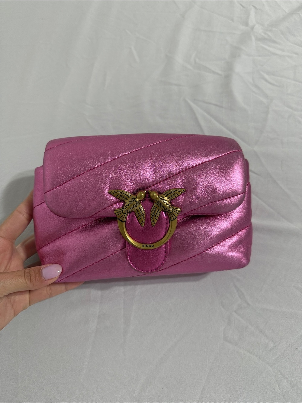 Pinko Metallic Pink Quilted Mini Shoulder Bag with Gold Bird Ring